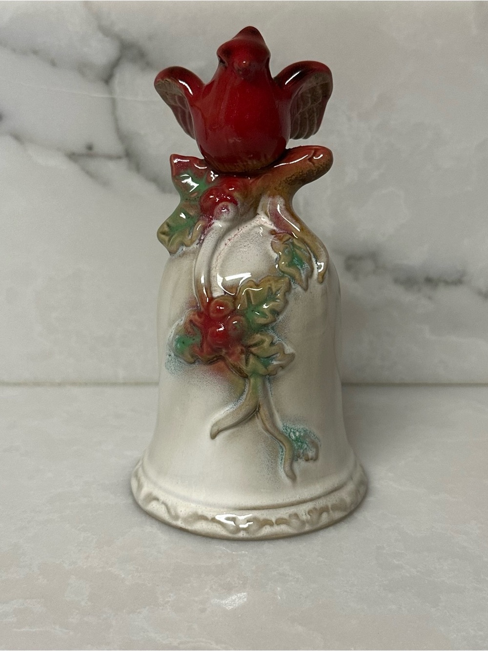 Collections Ceramic Pottery Bell Bird Perched Red Cardinal Holly Berry Spiritual